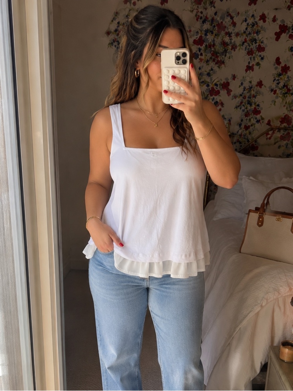 j.crew white square neck tank blouse size m ruffle hem preppy coastal chic